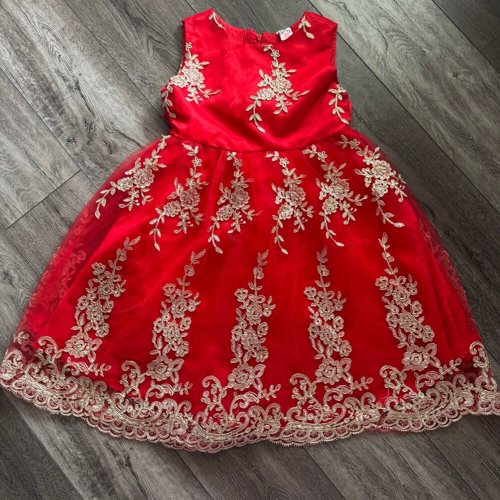 Christmas Holiday Mia Belle Girls Red Gold Embroidered Tulle Princess Dress 8Y